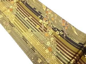 縞に雪芝・桜・花々模様織出し袋帯